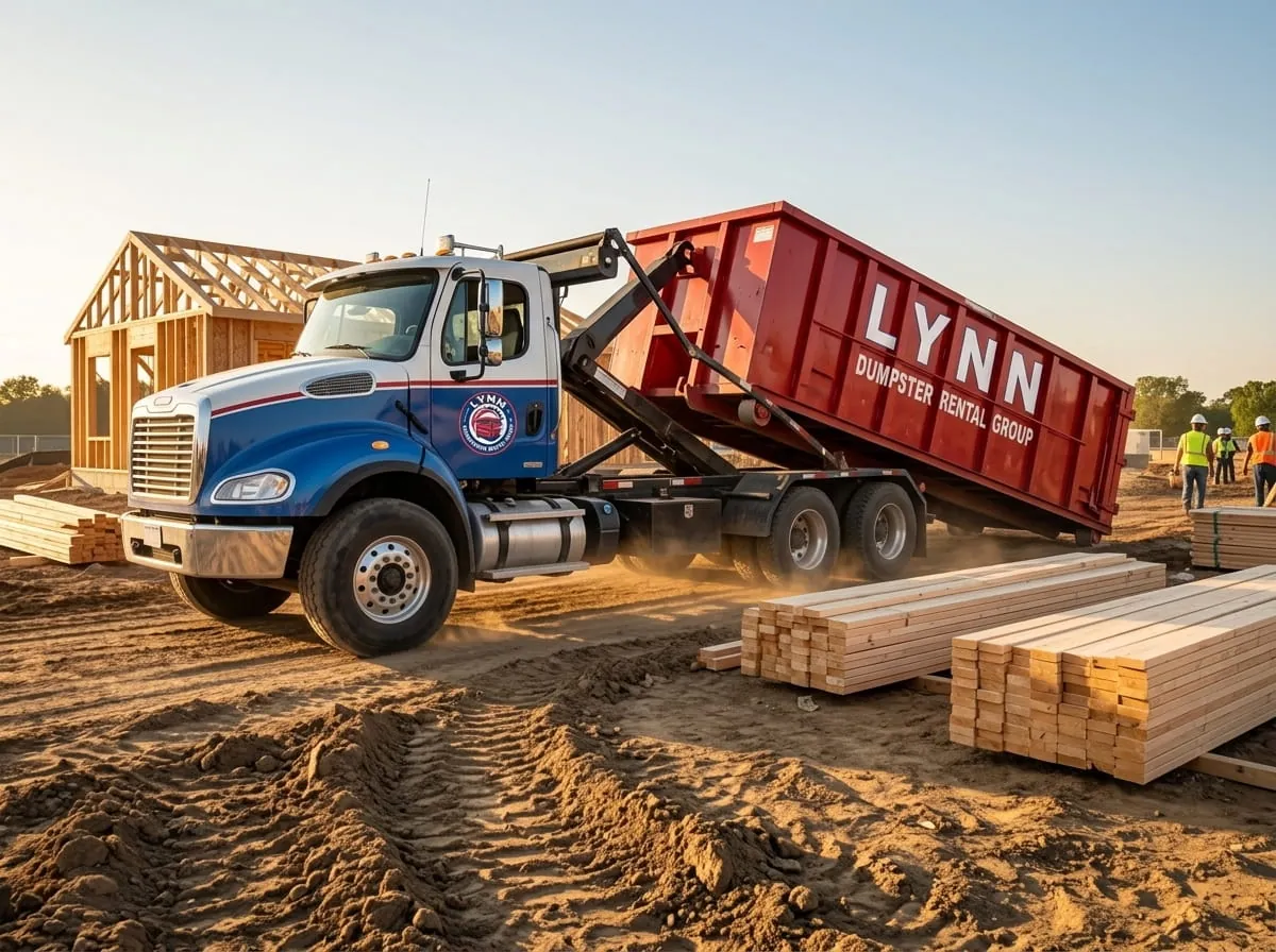 30 yard dumpster being delivered to a Lynn MA construction site